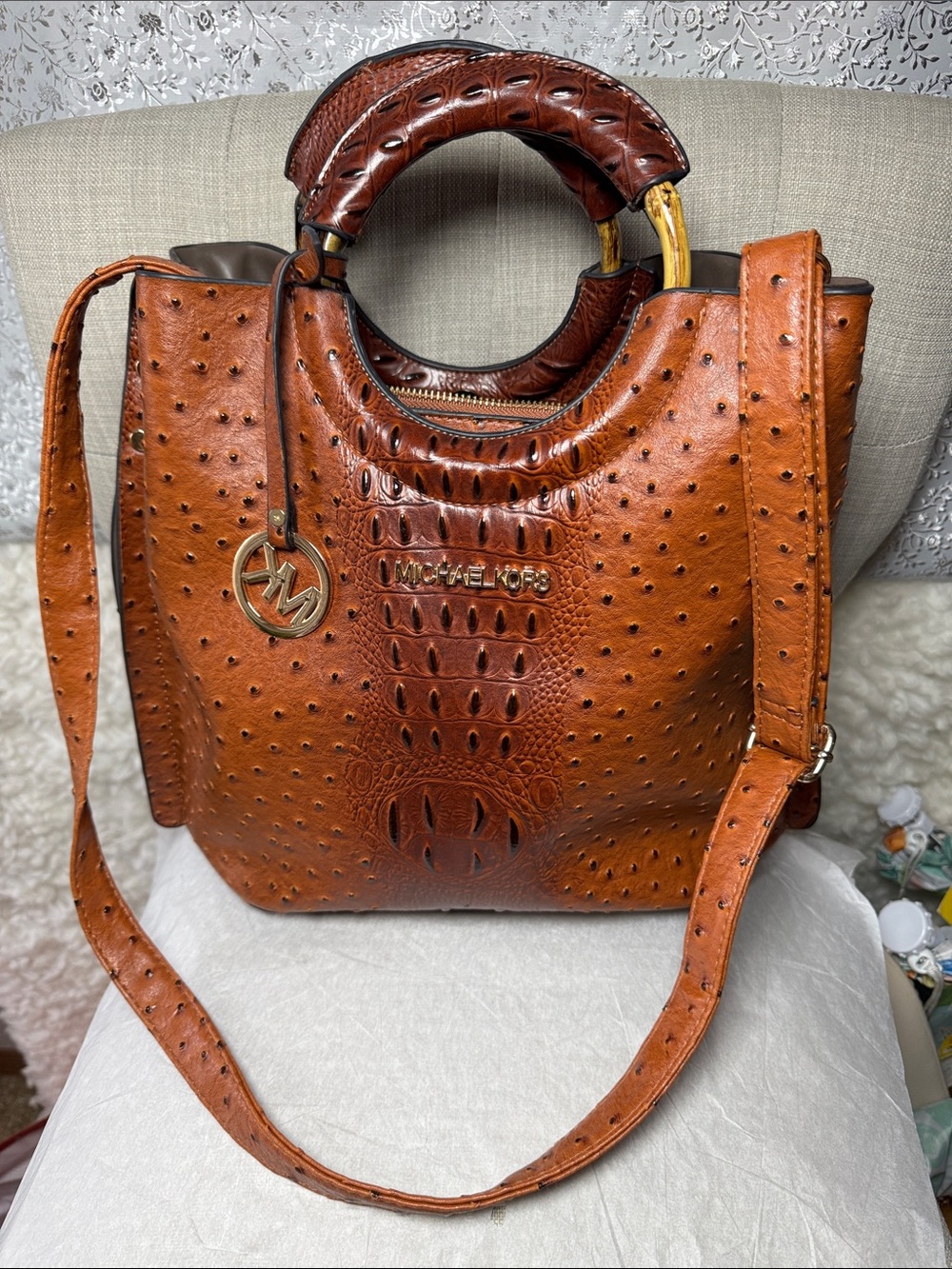 Michael Kors Cognac Ostrich-Embossed Leather Shoulder Bag with Gold Hardware